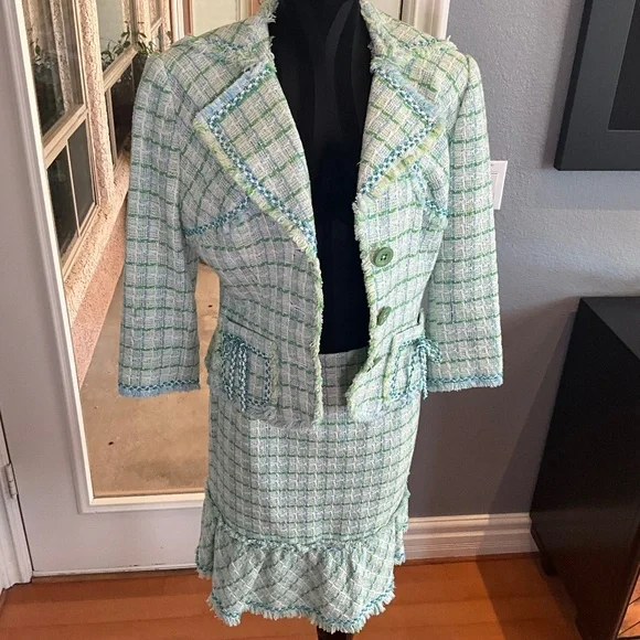 Kay Unger Y2K Preppy Tweed Plaid Skirt Suit Country Club Romantic Green White 10 - Picture 5 of 16